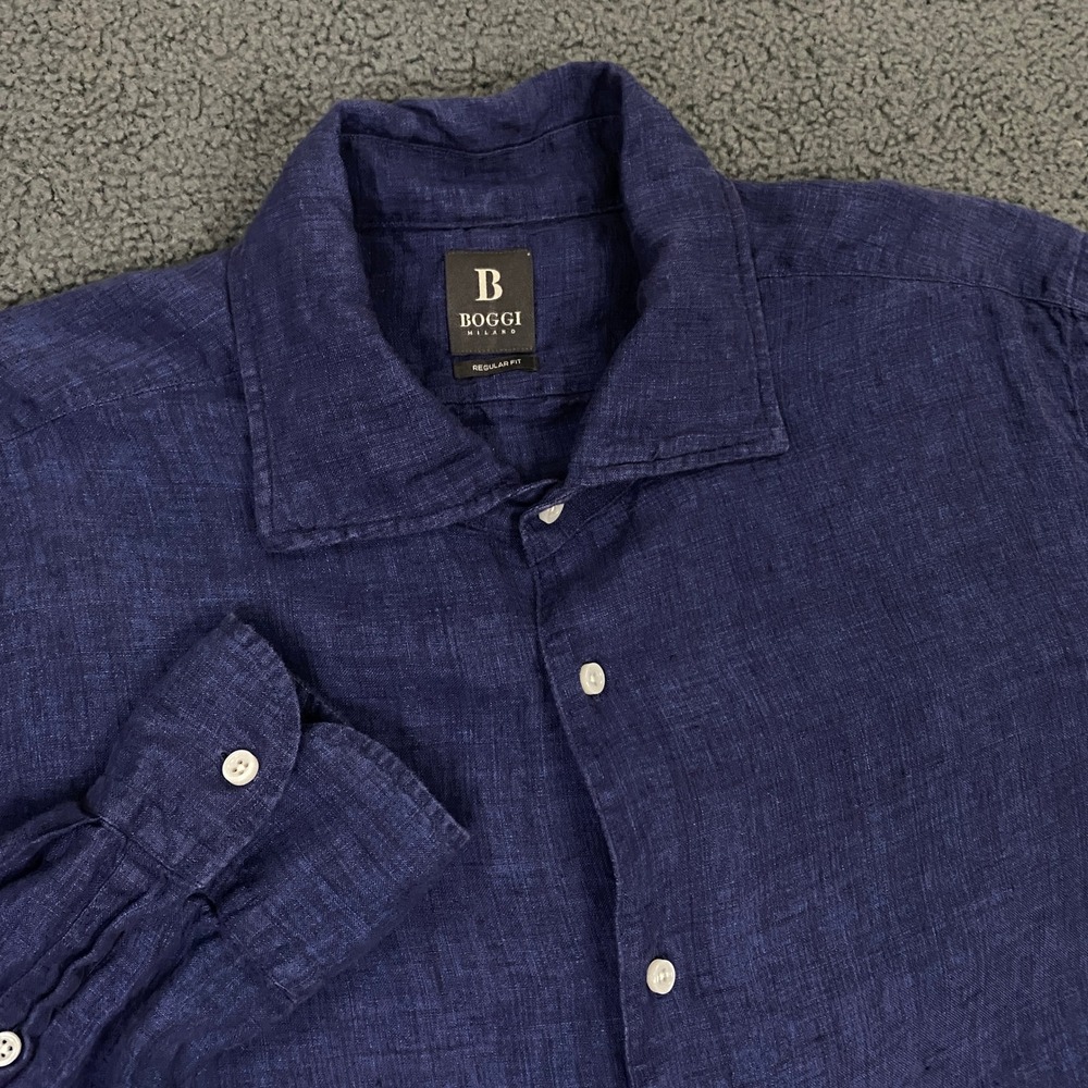 Boggi Milano Button Down Shirt Mens Large Navy Blue Linen Regular Fit Italian